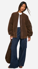 Boohoo Vintage Suede Look Oversized Bomber Jacket Chocolate Brown US 12 NEW Photo 0
