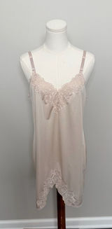 Vintage Slip Nighty Dress Mini Embroidered Flower Trim Nude Beige Blush Pink Photo 0