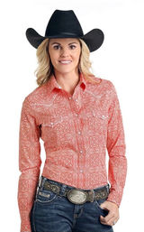 Rough Stock Panhandle Slim Womens Coral Floral Paisley Western Snap Shirt Small Photo 0