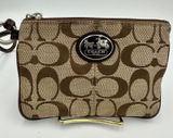 Coach Signature Jacquard Wristlet Khaki Brown Canvas Leather Trim Logo Plaque Photo 0