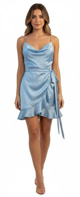 Lucy in the‎ Sky XS Blue Asymmetric Faux Wrap Short Dress Sleeveless Photo 0