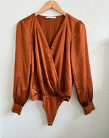 Abercrombie & Fitch Rust Orange Brown Satin Long Sleeve Women's Bodysuit‎ Top S Photo 0