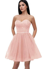 Pink Glitter Tulle Strapless Dress Corset Lace-Up Party Prom Mini 16 Formal Y2k Photo 0