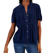 STYLE & CO Navy Blue Pintucked Crochet Top - Coastal Grandmother NWT Photo 0