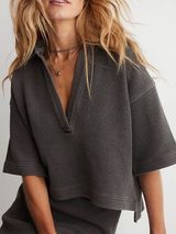 Aerie Wonder Short Sleeved Polo Top Sweatshirt Size Small Gray Ribbed Shirt Photo 0