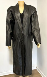 Comint‎ Leather Black Trench Coat Long Duster Jacket Womens Large C5087 Vintage Photo 0