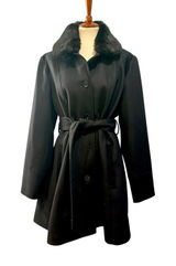 Faux Fur Collar Black Trench Coat Coquette Dark Academia Old Money Wool Blend XL Photo 0