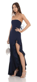 Lucy In The Sky Navy Blue Strapless Back Bow Corset Maxi Dress Medium Photo 0