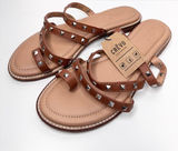 Crevo Sandals Size 7‎ Tan Leather Upper Womens Open Toe Spike Details Flats Photo 0