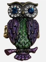 Boho Owl Ring Purple Green Rhinestone Enamel Stretch Adjustable Bronze Tone Photo 0