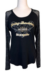 Harley-Davidson Mesh Sleeve Shirt Womens L Black Orlando FL Graphic Biker Moto‎ Photo 0