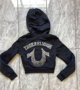 True Religion Womens Black Rhinestone Horseshoe Cropped Zip Up Hoodie XS Photo 0