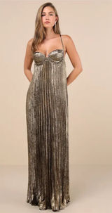 Brilliant Allure Gold Metallic Lurex Pleated Maxi Dress Photo 0