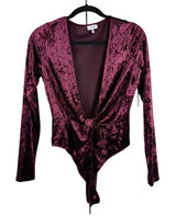 Tobi Burgundy Crushed Velvet Plunge‎ V-Neck Tie Front Bodysuit Whimsigoth Small Photo 0