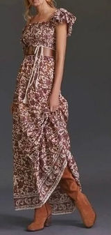 Anthropologie Love the Label Maxi Dress S Cottagecore Smocked Tiered Block Print Photo 0