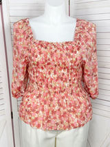 Nanette Lepore Cottagecore Floral Smocked Peplum‎ Puff Sleeve Blouse Pink Large Photo 0