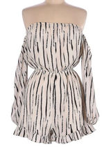 Wild Honey Womens Off Shoulder Romper Cream‎ Black Stripe Balloon Sleeve Medium Photo 0