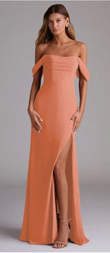 AZAZIE Off-Shoulder Coral Evening Gown with Thigh Slit Photo 0