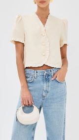 Reformation | Bess 100% Linen Puff Sleeve Ruffle Top in Sugar Cream | Size Med Photo 0