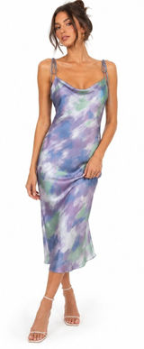 NWT Skies Are Blue Watercolor Abstract Slip Dress Purple Satin Cowl Neck Size XL Photo 0