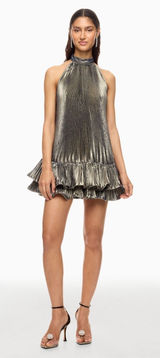 L'IDEE WOMAN soleil Mini Dress Gold Metallic Pleated Halter Ruffle Photo 0