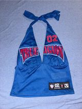 True Religion Blue Halter Crop Top with Red Logo Accents Photo 0