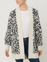 LOFT Leopard‎ Print Cardigan Sweater S Cream Open Front Cozy Knit Preppy Chunky Photo 0