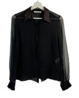 Chloé Size S 4 Blouse Black Semi Sheer Button Up Metallic Copper Sequin‎ Collar Photo 0