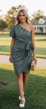 Tularosa One Shoulder Mini Dress Women's Size M Green Plaid Wedding Guest Photo 0