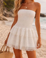 BTB Los Angeles White Smocked Strapless Lace Tiered‎ Mini Dress Women Size M NEW Photo 0