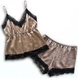 Satin Lace Trim Pajama Set Champagne Taupe Cami and Shorts 2 Piece Sleepwear 1XL Photo 0