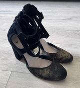 Farylrobin Size 10‎ Black Suede Calf Hair Multi Strap Block Heel Caged Pumps Photo 0