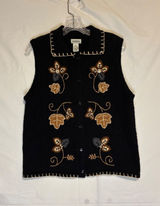 Vintage 90s Classic Elements Embroidered Fall Leaves Sweater Vest Black Knit M Photo 0