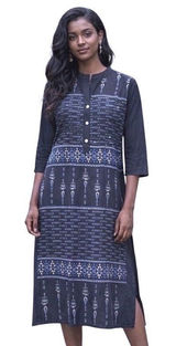 Kurta Tunic Dress Size Large Black Crepe Geometric Foil Print Straight Photo 0