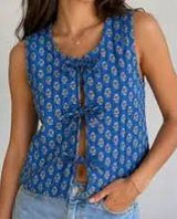 Japna Vest Quilted Floral Tie Front 100% Cotton Women's M Blue Cottagecore Boho Photo 0