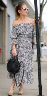 MISA Los Angeles Floral Smocked Midi Dress Black Gray Pink‎ Off Shoulder X-Small Photo 0