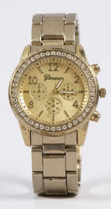 Geneva Gold Tone Rhinestone Bezel Faux‎ Chrono Quartz Analog Women's Wrist Watch Photo 0