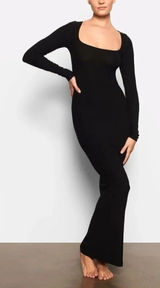 SKIMS Soft Lounge Dress Long Sleeve Square Neck Bodycon‎ Maxi Onyx Black Small Photo 0