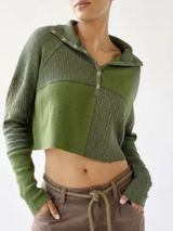 Urban Outfitters BDG Tabby Thermal Henley Cropped Top Green Size Medium Photo 0