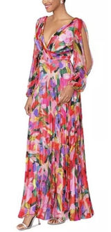 Betsy And Adam Women Watercolor Floral V-Neck Long-Sleeve Dress Pleated Size 10 Photo 0