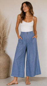 💙 Louie Size 2 Linen Wide Leg Crop‎ Pants Blue Relaxed Fit 33” Waist 💙 Photo 0