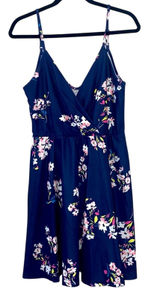 Navy Floral Wrap Dress XL Spaghetti Strap Sleeveless Sundress Stretch Photo 0