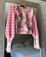 Sunday Up Women’s Pink Floral Knit Ruffle Crewneck Pullover Sweater Size Small Photo 0