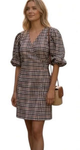 Gianni Bini (GB) Multicolor Checkered Puff Sleeves Wrap Dress Photo 0