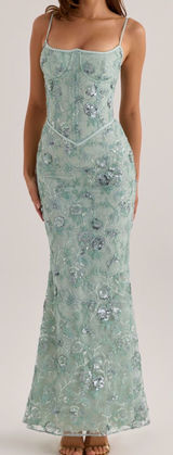 NEW House of Cb Naima Hand Beaded Corset Jade Green Gown Sz S Photo 0