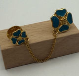 Vintage Blue/Green Enamel Flower Double Lapel Pin Gold Tone Chain Collar Brooch Photo 0