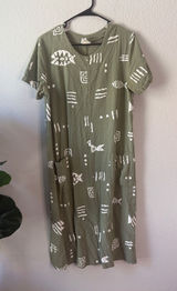 Vintage linen Olive Green Short Sleeve Dress with White Print & apron pockets L Photo 0