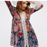 Free People Thunder Canyon Tunic Floral Button Front Sheer Navy Blue Boho Large Photo 0