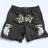 Vitriol Shorts Men Black Grim Fusion Reaper Graphic Gothic Spell out Grunge Board Shorts Y2K #Streetwear #Emo #Punk #Skater #Biker Sz M - measurement in pics Photo 0