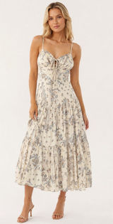 New Aakaa Floral Tie Front Midi Dress Ivory Blue Size M Photo 0